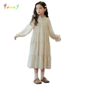 Vestidos de menina adolescente menina de crianças vestido de manga longa Midi Princess Dress Girl Girl Pleed Spring e Autumn Childrens Roupas de 6 a 16 anos D240515