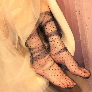 Women Socks 1pair Sexy Dot Lace Transparent Mesh Ankle Ladies Ultra-Thin Princess Tulle Female Meias
