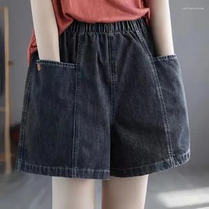 Shorts femininos jeans de tamanho grande de cintura alta feminina retro arte contrastante de cor solteira de bolso largo calças femininas