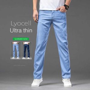 Mäns byxor sommar ultrat tunna män lösa jeans lyocell drapera is siden mode casual stretch denim byxor affär raka byxor y240514