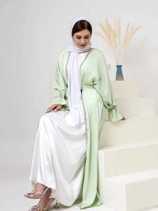 エスニック服eid abaya dress for women 2ピースセットビーディング女性シルキーサテンレースアップパーティーアバヤスーツラマダンドレスローブカフタンカフタンT240515