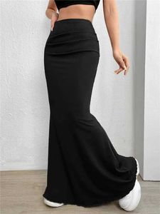 スカートエレガントな黒いハイウエストマルメイドスカート女性サマークラブパーティーY2KソリッドルーチスリムフィットマキシスカートSTRTWEAR 2023 Y240513