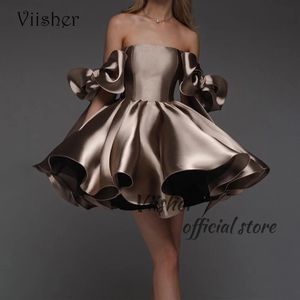 Viisher Brown Short Homecoming Promドレスボウポケット付きストラップレスイブニングパーティードレス膝の卒業イベントガウン240514