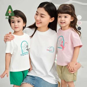T-shirts Amila 2024 Summer New Family Collection Pure Color Cartoon Print Cotton Pink White T-shirt Kids Clothing 0-6YL2405