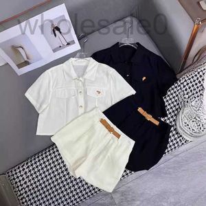 Women's Two Piece Pants designer Spring/Summer New Pra Fashion Casual Style Spliced Belt Buckle Contrast Color Flip Collar Short Sleeve Shirt Shorts Set P8TO