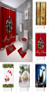 Cenário de Natal Cortina de chuveiro de tapete estampado 4 peça tampa do banheiro capa de piso banheiro de banheiro não deslizante Banheiro de banheiro