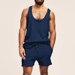 Summer Fashion Loose Sleeveless Vest And Shorts Sweater Men Two Piece Set Streetwear Casual Solid Knit Suits For Male Outfits 240514