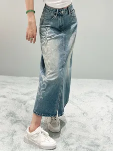 Luxury Letter Loose Chic Skirts For Women Elegant High Waist Lady Long Skirt Fashion Blue Denim Skirt Female Clothing