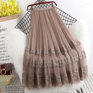 Skirts Women's Spring Summer Solid Color Elastic High Waisted Lace Gauze Ball Gown Patchwork Casual Elegant Fashion Sexy Midi