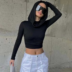 Women's Blouses Shirts 2024 New y2k Women T-shirt Fashion Long Slve Sexy Crop Top Hooded Black Ts Slim Fit Woman clothing Y240510