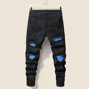 Mens Jeans Cool rippade magra byxor Stretch Slim Denim Pants Stor storlek Hip Hop Black Blue Casual Jogging Jeans för män 240514