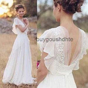 Summer Chiffon A-line Boho Wedding Dresses With Flutter Sleeves Sexy Deep V Neck Short Train Informal Reception Gown Rehearsal Dinner