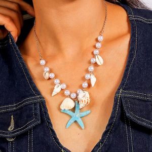 Ny sommarskal Conch Starfish Imitation Pearl Necklace Women Fashion Böhmen Beach Pendant Halsband Travel Semester smycken