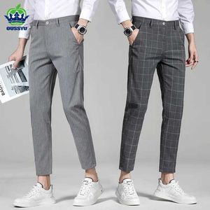 Herrenhosen Neue Sommer Mode Business Stripe Plaid Knöchel Länge Hosen Männer lässig Solid Color Office Anzug Lange Hosen Männliche Markenkleidung Y240514