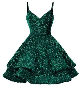 Short Homecoming Dresses Tiered Spaghetti Deep V-Neck Sequins Plus Size Cocktail Formal Occasion Cocktail Prom Party Graudation Gowns Hc27