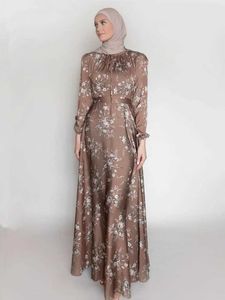 Ethnic Clothing New Morocco Long Dress Muslim Women Flowers Printed Silky Long Abayas Robes Fancy Maxi Dress French Stylish Islamic Dress Belt T240515