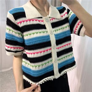 Polos femminile Polo Coller Stripe Sonta corta Maglietta sciolta Donne Spring/Summer Hollow Out Contrast Cardigan Chaved Tops Casual