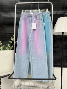 2024 Summer Luxury Brand Women's Jeans Street Wear 2 Color Patchwork Button Wide Leg Pants Women High midje tvättade denimbyxor