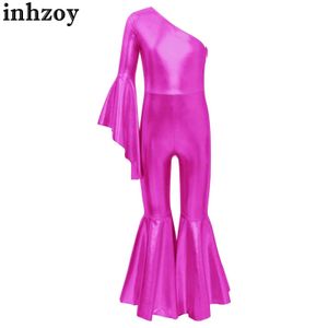 Dancewear Kids Girls Ballet Dans Jimnastik Tulum Metalik Parlak Bir Omuz Bell Alt Bodysuit Latin Caz Performansı Costumel2405