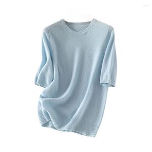 Kvinnors tröjor Spring Seamless Short Sleeve Wool Sticked Shirt Merino runda nacke raka tröjor