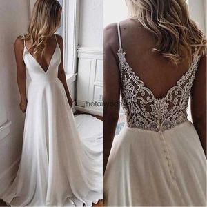 2021 Cheap V Neck Chiffon Beach A Line Wedding Dresses Spaghetti Strap Boho Beaded Applique Backless Bridal Gowns Wedding Dress Vestidos De Novia