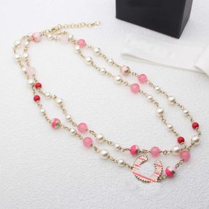 2024 Luxury quality charm long chain pendant necklace with pink beads and white enamel in 18k gold plated have stamp box PS3615B