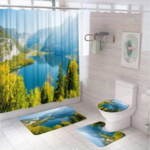 Shower Curtains Mountain Lake View Nature Curtain Sets Green Forest Tree Landscape Bathroom Non-Slip Bath Mats Rug Toilet Cover
