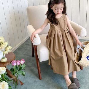 Mädchenkleider Frauen warme ärmellose Prinzessin Kleid Sommer Kinder Große enge Baumwolltrettkleid Kleid Feste Farbpocket Fashion Kleid D240515