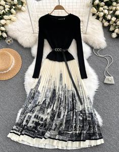 Women long sleeve knitted high waist with belt ink print pleated maxi long dress MLXLXXL