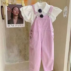 Overalls Baby denim top pants pockets fly sleeves childrens shirt teenagers and childrens suspension Trousers childrens Dungarae baby clothing 3-14Y d240515