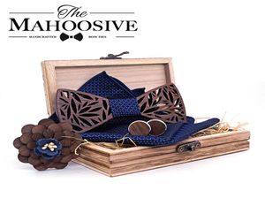 Paisley Wooden Bow Tow Chusteerchief Set Men039s Plaid Bowtie Wood Drewno rzeźbione wycięte w kwiatowym designie i pudełku Nowość T3126097