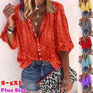 Women's Polos Casual Blouse Shirts Loose V-Neck Women Half Sleeve Printing Shirt Tops Button Up Vintage Streetwear Plus Size S-5XL Tunic