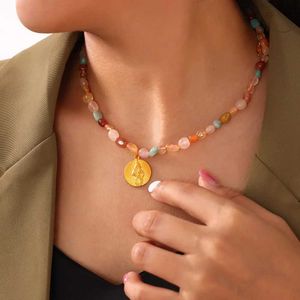 Beaded Necklaces Vibrant Transparent Natural Stone Agate Metal Medal Necklace Stainless Steel Waterproof Jewelry Fashion Girl Valentines Day Gif d240514