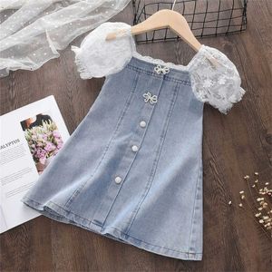 Girl's Dresses Summer girl denim dress sun dress princess dress childrens fashion embroidered flower puff sleeves lace mesh dress 1-7 years d240515