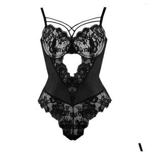 Bras Sets Crotchless Sexy Lingerie Women Lace Hollow Bra Set Erotic Costumes Teddy Baby Doll Bodysuit Deep V Open Porn Underwear Dro Dhtku