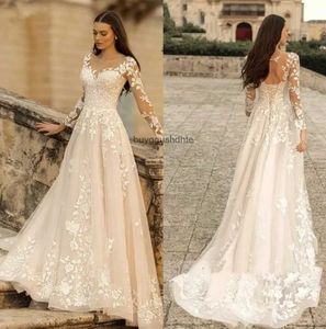 Elegant O-Neck Lace A Line Boho Wedding Dresses Sheer Long Sleeves Tulle Applique Sweep Train Wedding Bride Gowns With Lace up Back