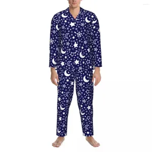 家庭用服の月と星スリープウェアスプリングカートゥーンナイトカジュアルカジュアル特大のパジャマセットオスの長袖カワイイプリントナイトウェア