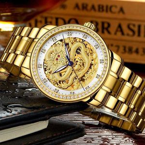 Gold Watch Mens Mechanical Precision Steel wydrążona w pełni automatyczna wodoodporna, świetlista para Smok Modna trend