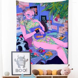 Tapisseries anime illustration tapestry vägg hängande kawaii tecknad flicka söt hippie tapiz bakgrund trasa heminredning