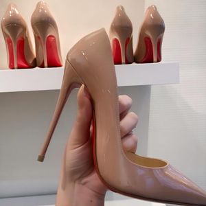 デザイナーハイヒール女性赤い光沢のある底8cm 10cm 12cm薄いかかとを尖らせるつま先本物の革のヌードブラックウェディングレザーウーマンポンプ靴34-44