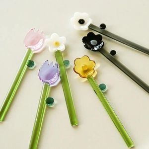 Coffee Scoops Long Handle Flower Shaped Glass Spoon Transparent Dessert Ice Cream Scoop Mixing Sticks Stirring Stick