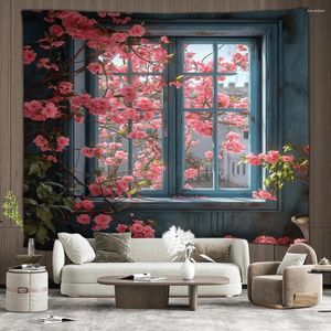 Tapisserier Vackra utomhus trädgård tapestry vintage fönster vägg som växer full av blommande växter sovsal inomhus sovrum dekor väggmålning