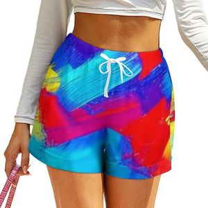 Women's Shorts Abstract Paint Brush Red Blue Yellow Oversize Street Wear Elastic Waist Sport Short Pants Women Design Bottoms