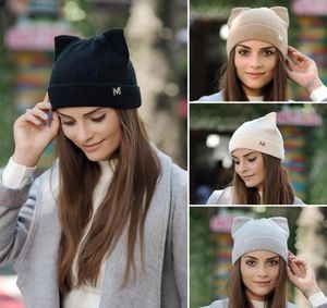 Frauen Teufel Hörner Katzenohr niedlich häkeln geflochtenes Strick Beanie Ski Wolle warmes Cap Hat4215821