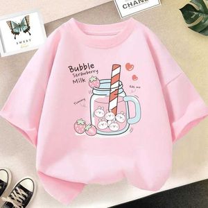 T-shirts Strawberry Juice Graphic Printing T-shirt Girls Estetic Pink Top T-shirt 2023 Summer New Fashion Childrens T-shirtl2405