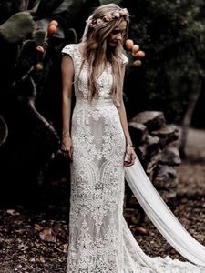 Cotton Lace Boho Wedding Dresses V-Neck Long Mermaid Bridal Gowns Capped Sleeves Vintage Beach Robe De Mariee 2024 Summer