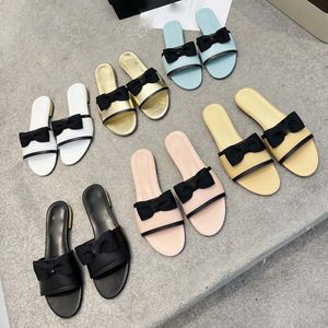 Camellia Flower Designer Slippers Bowknot Fashion Italy Luxury Slides Sandals for Womens Ladies Youth Summer Sliders Shoes Flat Leather Mule