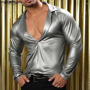 Men's T Shirts INCERUN 2024 Men Shirt Shiny Solid Color V Neck Long Sleeve Clothing Streetwear Party Nightclub Fashion Casual Camisas S-5XL