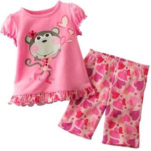 Pijamas roupas de verão para meninas conjuntos de macacos rosa Conjunto de camisa e calça de calça de 2 peças de 2 peças de pijama de pijamas de pijamas de calça de calça de calça de calça d240515