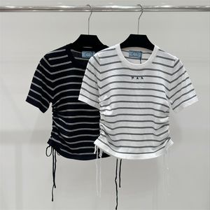 縞模様の編み物デザイナー女性男性小サイズのtシャツの手紙ジャキュードアンチリンクルTシャツと日常生活のためのドローストリング